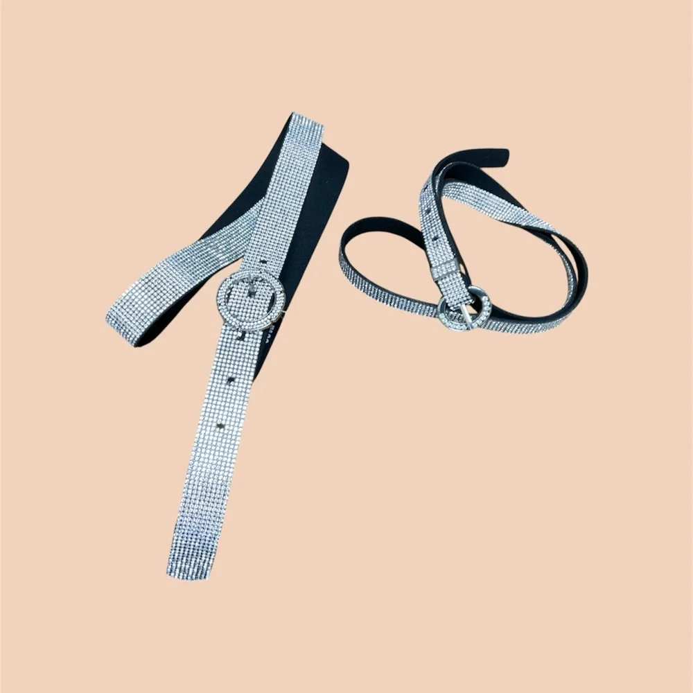 Sparkling Silver Rhinestone Belt  Set Suede back